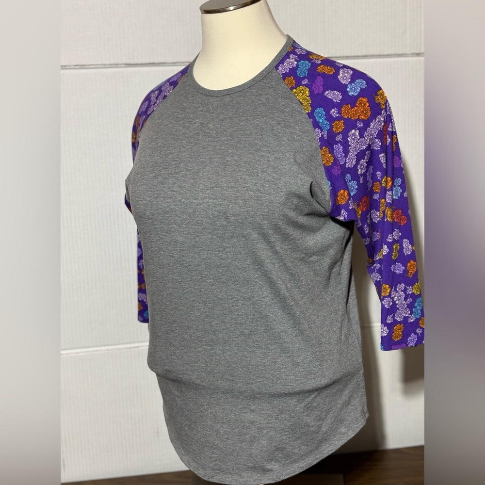 LuLaRoe Randy Gray Purple Floral 3/4 Sleeve Shirt Women's 3XL 28” length